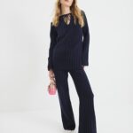 River Island Ribbed Flare Trouser - Navy - Blue