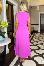 Hot Pink Gathered Midi Dress With Shoulder Pads - Image 2