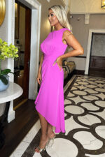 Hot Pink Gathered Midi Dress With Shoulder Pads - Image 3