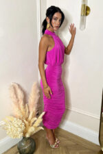 Hot Pink Halter Neck Ruched Bodycon Midi Dress - Image 2