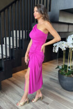 Hot Pink One Shoulder Knot Skirt Midi Dress - Image 3