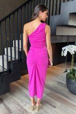 Hot Pink One Shoulder Knot Skirt Midi Dress - Image 4