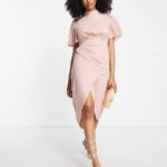 ASOS DESIGN Short Sleeve High Neck Drape Wrap Front Midi Dress in Blush