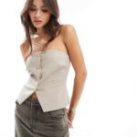 Bandeau Gold Button Detail Top in Beige