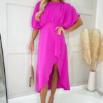 Hot Pink Batwing Top Wrap Skirt Midi Dress