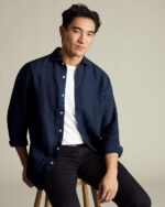 Cutaway Pure Linen Slim Fit Shirt - Navy - Image 2