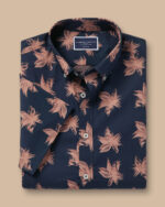Non-Iron Large Floral Print Classic Fit Short Sleeve Shirt - Navy