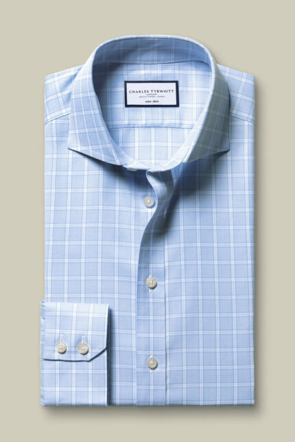 Cutaway Collar Non-Iron Twill Check Slim Shirt - Sky Blue