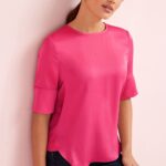 Curved Hem Satin Top Pink