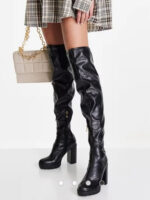 Black PU Knee High Block Heel Boots - Image 2