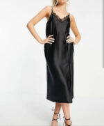 Miss Selfridge Lace Trim Satin Midi Dress in Black - Image 4