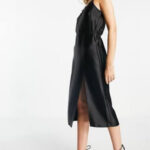 Miss Selfridge Lace Trim Satin Midi Dress in Black