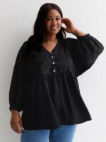 Curves Black Button Front Peplum Blouse