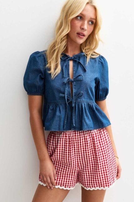 Blue Short Sleeve Tie Front Denim Top