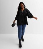 Curves Black Button Front Peplum Blouse - Image 2