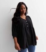 Curves Black Button Front Peplum Blouse - Image 4