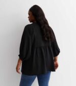 Curves Black Button Front Peplum Blouse - Image 3