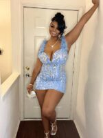 ASOS LUXE Curve Embellished Gemstone Mini Dress with Faux Feathers in Blue - Image 5