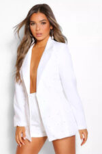 Petite Pearl Detail Blazer Off White - Image 4