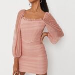 Petite Taupe Mesh Puff Sleeve Corset Mini Dress