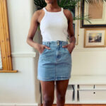 Paperbag Denim Skirt in Mid Blue